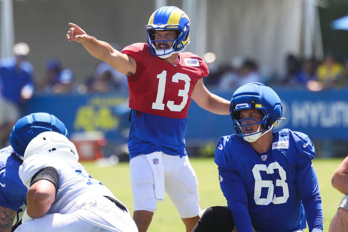 Stetson Bennett IV #13 of the Los Angeles Rams takes the field during Rams training camp at Loyola Marymount University on Mondday, August 3, 2026 in Westchester, CA. Stetson Bennett IV #13 of the Los Angeles Rams takes the field during Rams training camp at Loyola Marymount University on Mondday, August 3, 2026 in Westchester, CA.
