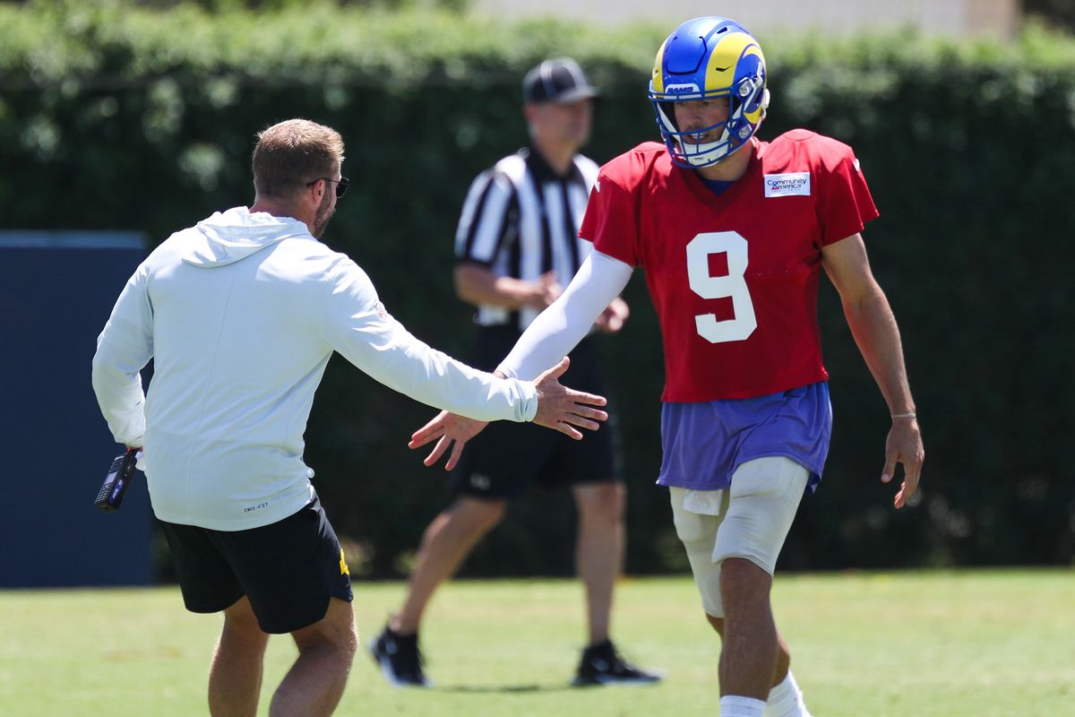 Matthew Stafford #9 and Head Coach Sean McVay of the Los Angeles Rams embrace during Rams training camp at Loyola Marymount University on Mondday, August 3, 2026 in Westchester, CA. Matthew Stafford #9 and Head Coach Sean McVay of the Los Angeles Rams embrace during Rams training camp at Loyola Marymount University on Mondday, August 3, 2026 in Westchester, CA.