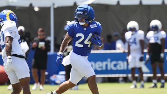 Blake Corum #24 of the Los Angeles Rams runs the football during Rams training camp at Loyola Marymount University on Mondday, August 3, 2026 in Westchester, CA. Blake Corum #24 of the Los Angeles Rams runs the football during Rams training camp at Loyola Marymount University on Mondday, August 3, 2026 in Westchester, CA.