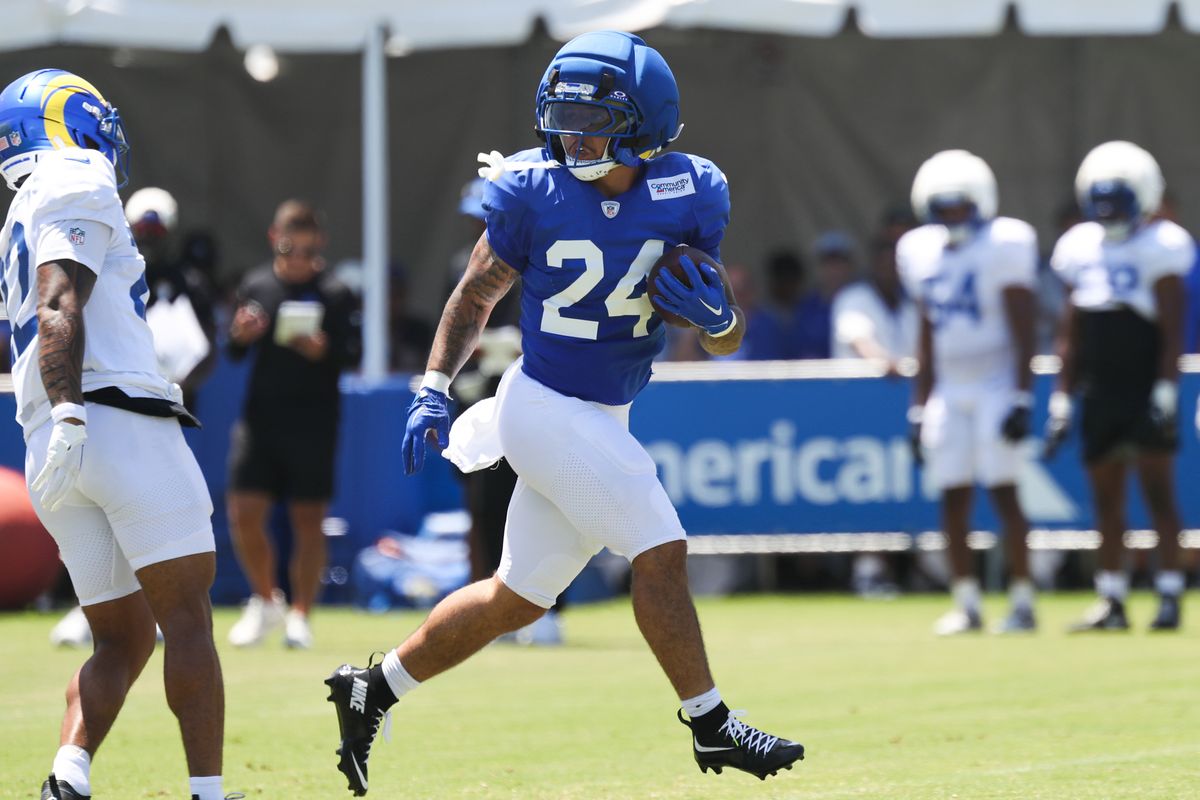 Blake Corum #24 of the Los Angeles Rams runs the football during Rams training camp at Loyola Marymount University on Mondday, August 3, 2026 in Westchester, CA. Blake Corum #24 of the Los Angeles Rams runs the football during Rams training camp at Loyola Marymount University on Mondday, August 3, 2026 in Westchester, CA.
