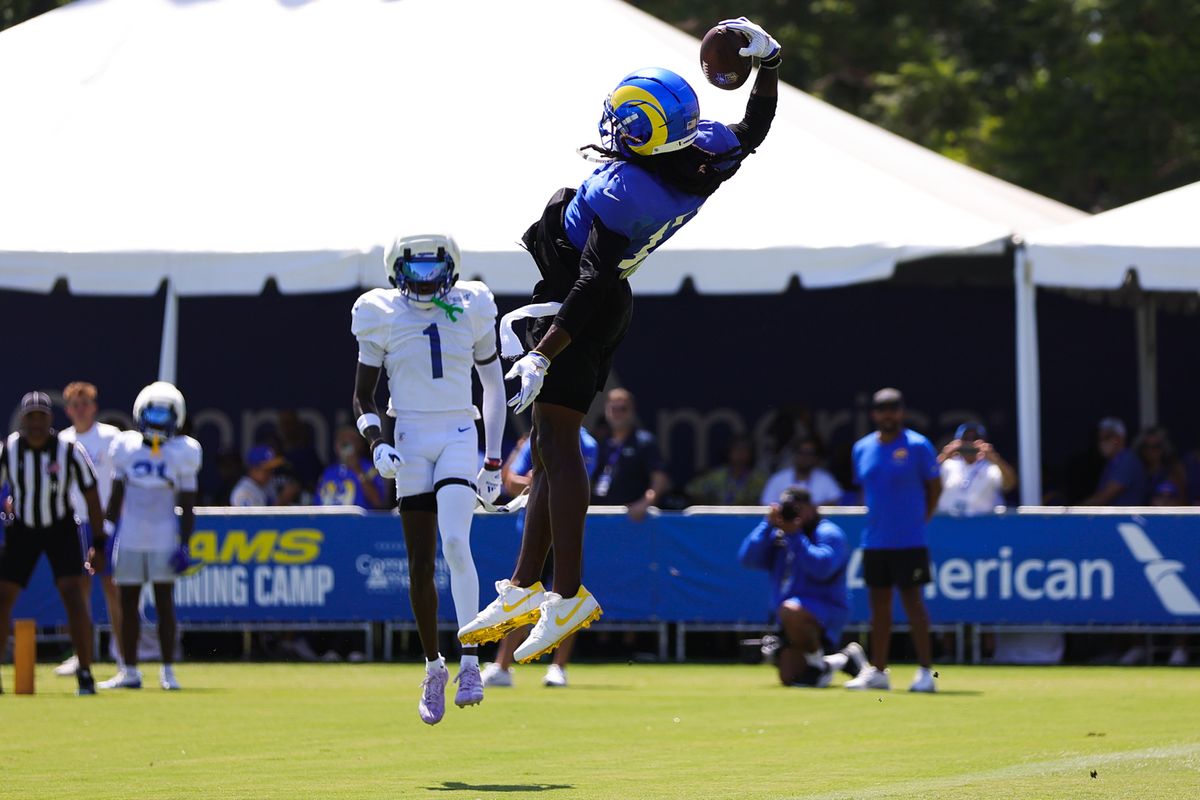 Davante Adams #17 of the Los Angeles Rams catches a pass during Rams training camp at Loyola Marymount University on Mondday, August 3, 2026 in Westchester, CA. Davante Adams #17 of the Los Angeles Rams catches a pass during Rams training camp at Loyola Marymount University on Mondday, August 3, 2026 in Westchester, CA.