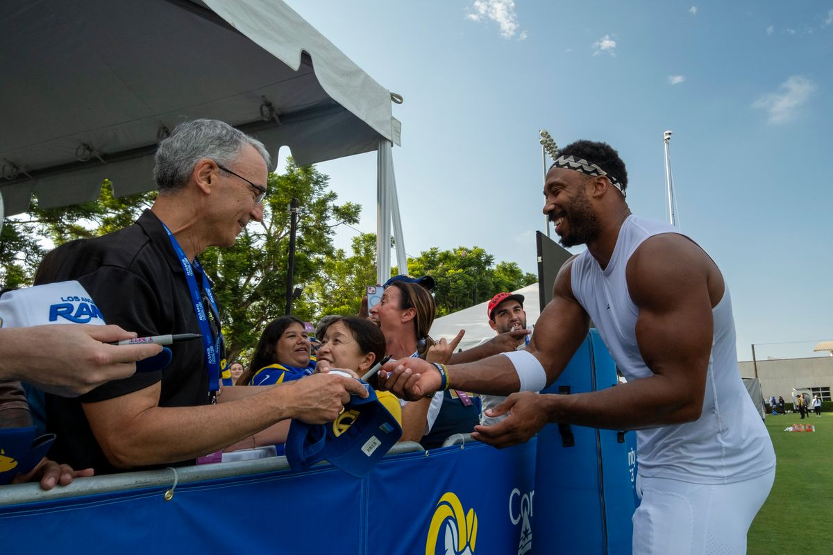 Myles Garrett #95 of the Los Angeles Rams during Rams training camp at Loyola Marymount University on Wednesday, August 5th in Westchester, CA.