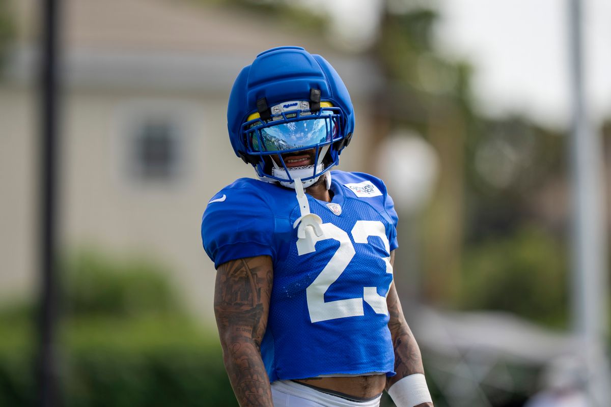 Kyren Williams #23 of the Los Angeles Rams during Rams training camp at Loyola Marymount University on Wednesday, August 5th in Westchester, CA.