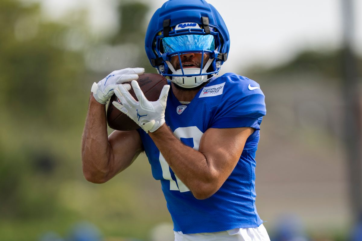 Puka Nacua #12 of the Los Angeles Rams during Rams training camp at Loyola Marymount University on Wednesday, August 5th in Westchester, CA.