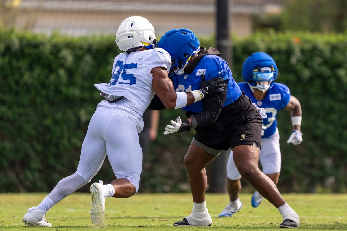 Myles Garrett #95 of the Los Angeles Rams during Rams training camp at Loyola Marymount University on Wednesday, August 5th in Westchester, CA.