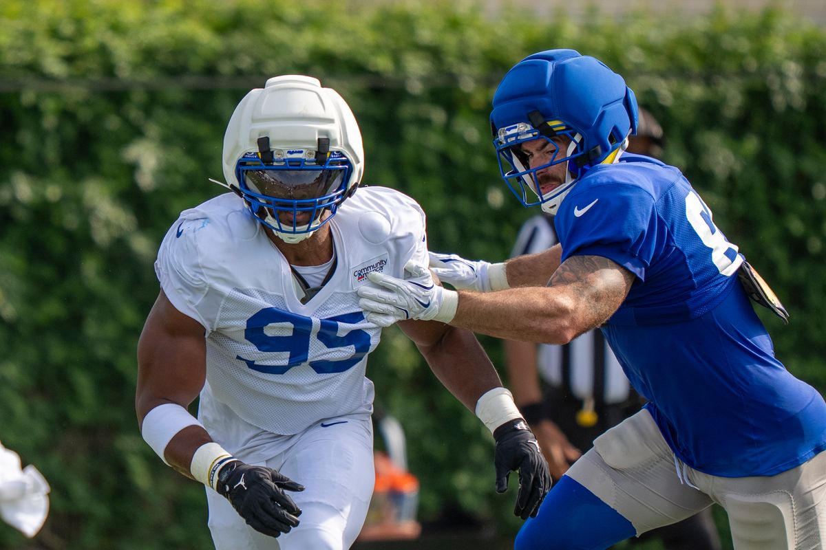 Myles Garrett #95 of the Los Angeles Rams during Rams training camp at Loyola Marymount University on Wednesday, August 5th in Westchester, CA.