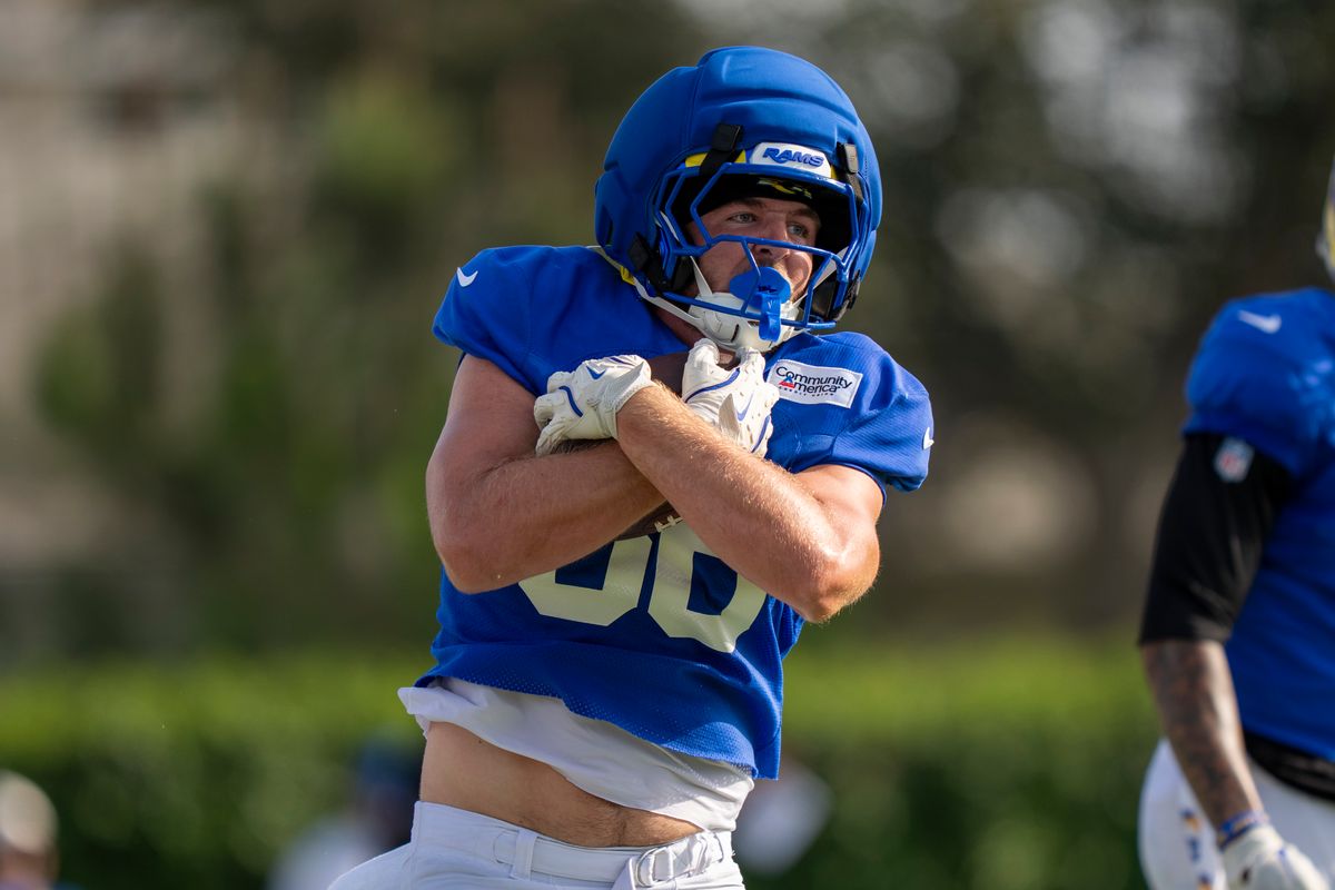 Max Klare #86 of the Los Angeles Rams during Rams training camp at Loyola Marymount University on Wednesday, August 5th in Westchester, CA.