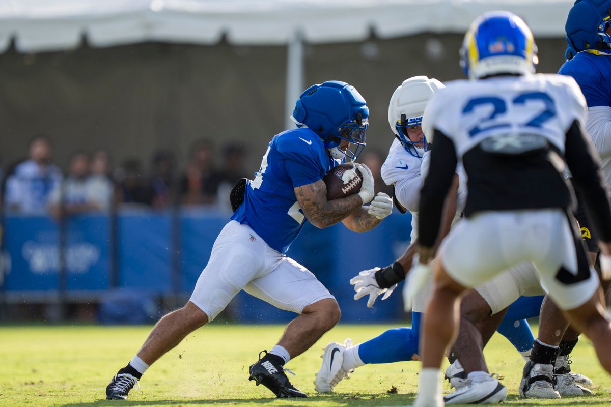 Kyren Williams #23 of the Los Angeles Rams during Rams training camp at Loyola Marymount University on Wednesday, August 5th in Westchester, CA.