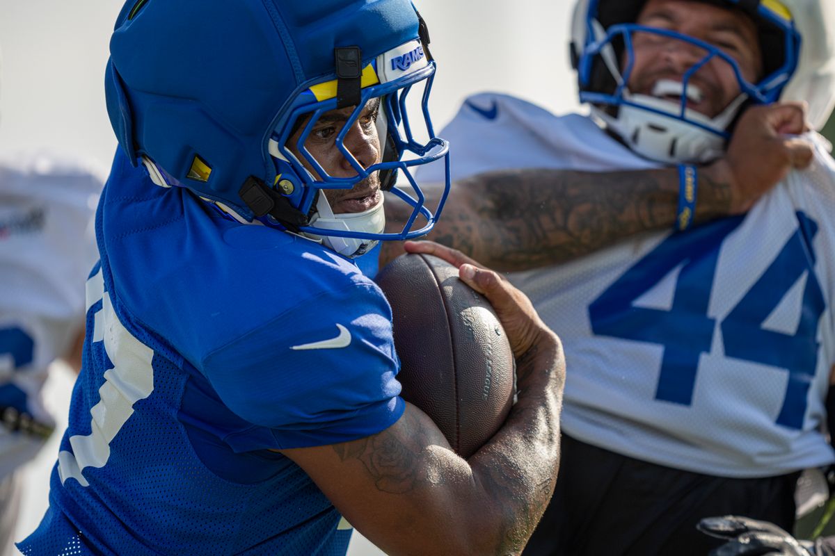 Jarquez Hunter #27 of the Los Angeles Rams during Rams training camp at Loyola Marymount University on Wednesday, August 5th in Westchester, CA.