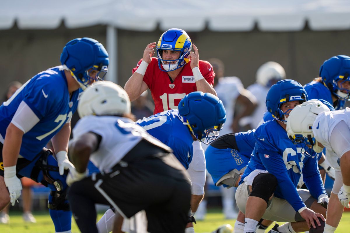 Ty Simpson #15 of the Los Angeles Rams during Rams training camp at Loyola Marymount University on Wednesday, August 5th in Westchester, CA.