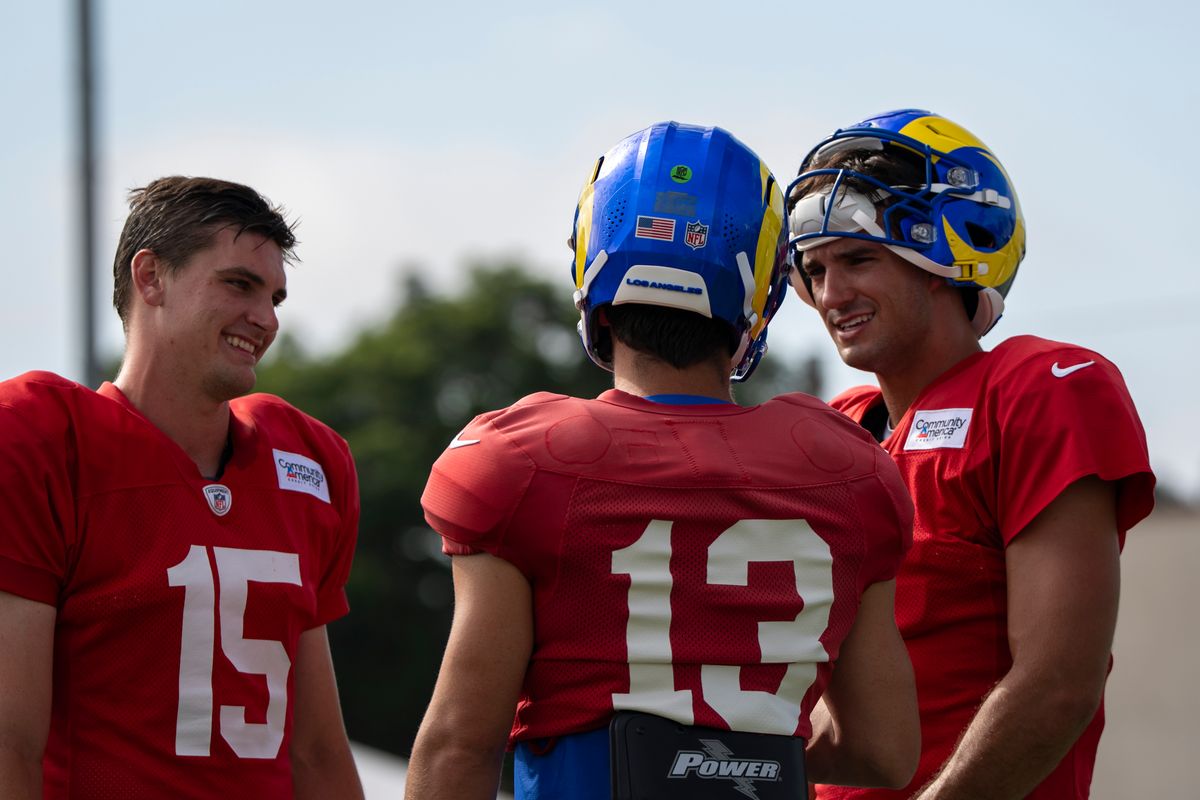 Quarterbacks Ty Simpson #15, Stetson Benett #13, and Matthew Caldwell #2 of the Los Angeles Rams during Rams training camp at Loyola Marymount University on Wednesday, August 5th in Westchester, CA.