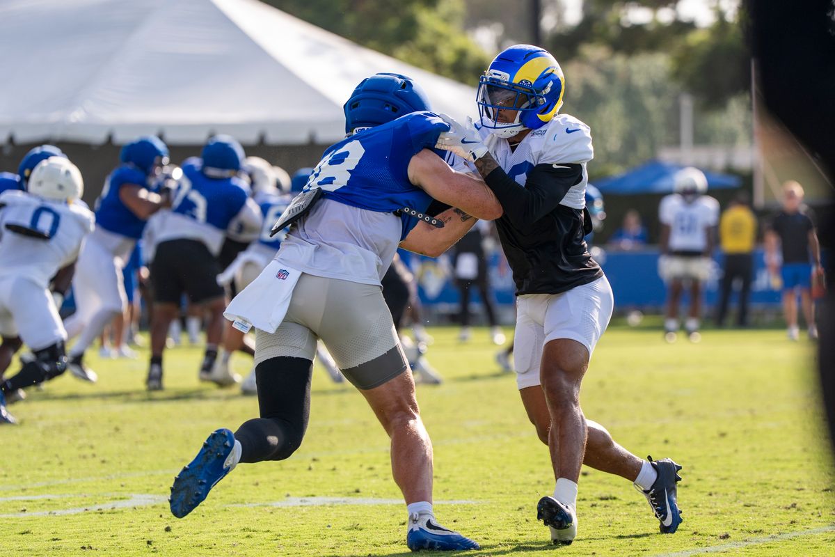 Terrence Ferguson #18 and Trent McDuffie #22 of the Los Angeles Rams during Rams training camp at Loyola Marymount University on Wednesday, August 5th in Westchester, CA.