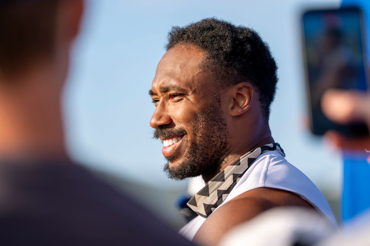 Myles Garrett #95 of the Los Angeles Rams during Rams training camp at Loyola Marymount University on Wednesday, August 5th in Westchester, CA.