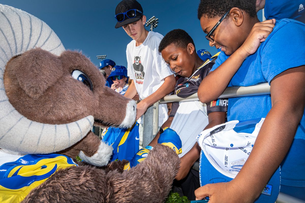 Mascot Rampage of the Los Angeles Rams during Rams training camp at Loyola Marymount University on Wednesday, August 5th in Westchester, CA. Mascot Rampage of the Los Angeles Rams during Rams training camp at Loyola Marymount University on Wednesday, August 5th in Westchester, CA.
