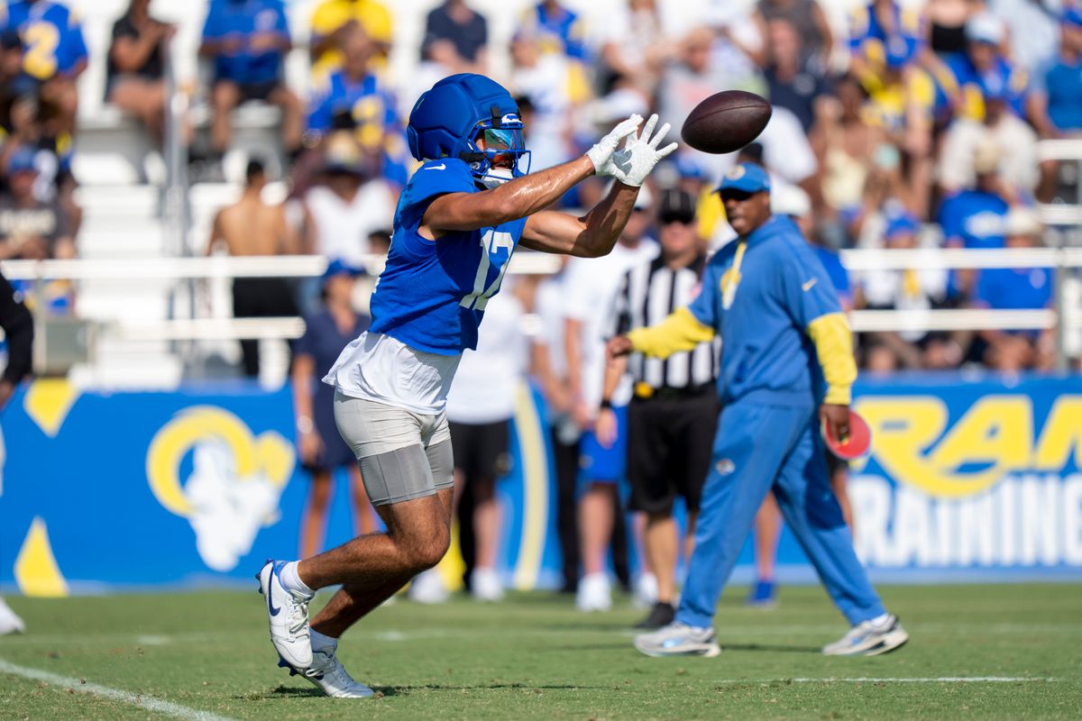Puka Nacua #12 of the Los Angeles Rams catching a pass during Rams training camp at Loyola Marymount University on Wednesday, August 5th in Westchester, CA. Puka Nacua #12 of the Los Angeles Rams catching a pass during Rams training camp at Loyola Marymount University on Wednesday, August 5th in Westchester, CA.
