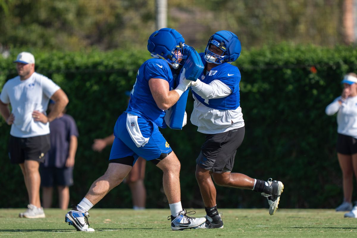 Steve Avila #73 of the Los Angeles Rams doing blocking drills during Rams training camp at Loyola Marymount University on Wednesday, August 5th in Westchester, CA. Steve Avila #73 of the Los Angeles Rams doing blocking drills during Rams training camp at Loyola Marymount University on Wednesday, August 5th in Westchester, CA.