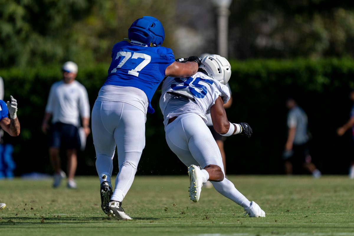 Alaric Jackson #77 of the Los Angeles Rams blocking Myles Garrett #95 during Rams training camp at Loyola Marymount University on Wednesday, August 5th in Westchester, CA. Alaric Jackson #77 of the Los Angeles Rams blocking Myles Garrett #95 during Rams training camp at Loyola Marymount University on Wednesday, August 5th in Westchester, CA.