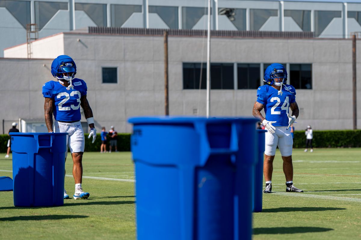 Kyren Williams #23 and Blake Corum #24 of the Los Angeles Rams during Rams training camp at Loyola Marymount University on Wednesday, August 5th in Westchester, CA. Kyren Williams #23 and Blake Corum #24 of the Los Angeles Rams during Rams training camp at Loyola Marymount University on Wednesday, August 5th in Westchester, CA.