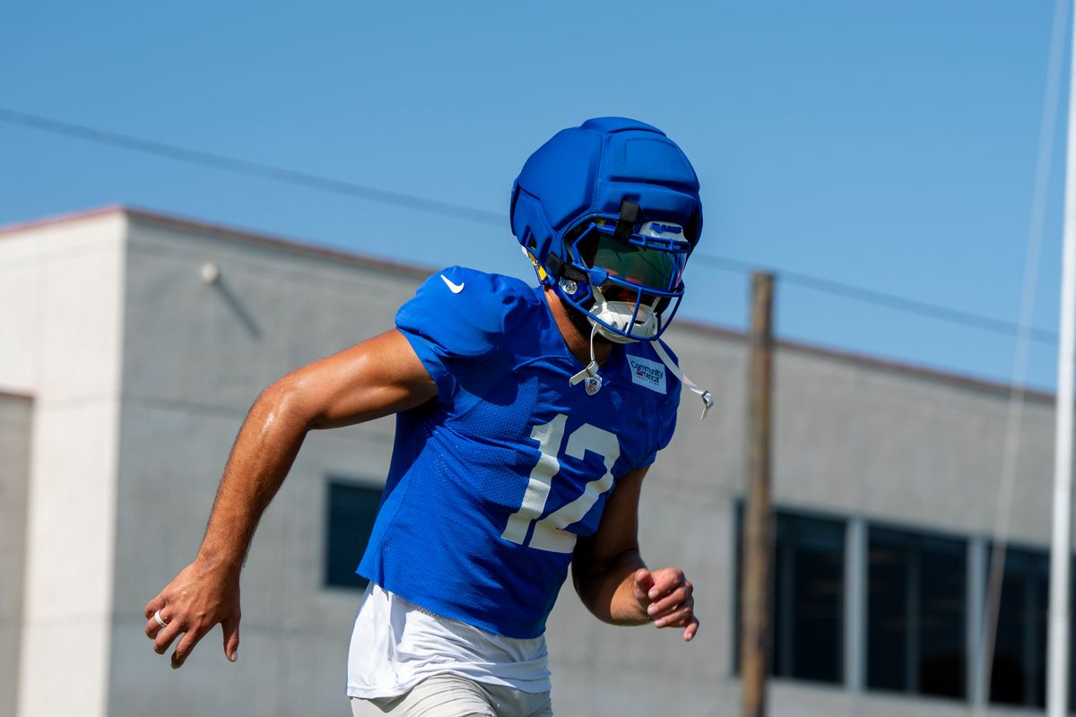 Puka Nacua #12 of the Los Angeles Rams during Rams training camp at Loyola Marymount University on Wednesday, August 5th in Westchester, CA. Puka Nacua #12 of the Los Angeles Rams during Rams training camp at Loyola Marymount University on Wednesday, August 5th in Westchester, CA.