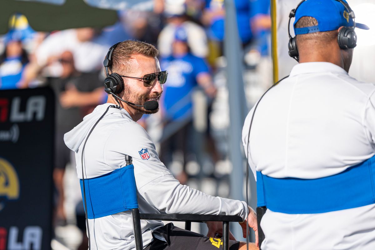 Sean McVay of the Los Angeles Rams in an interview during Rams training camp at Loyola Marymount University on Wednesday, August 5th in Westchester, CA. Sean McVay of the Los Angeles Rams in an interview during Rams training camp at Loyola Marymount University on Wednesday, August 5th in Westchester, CA.