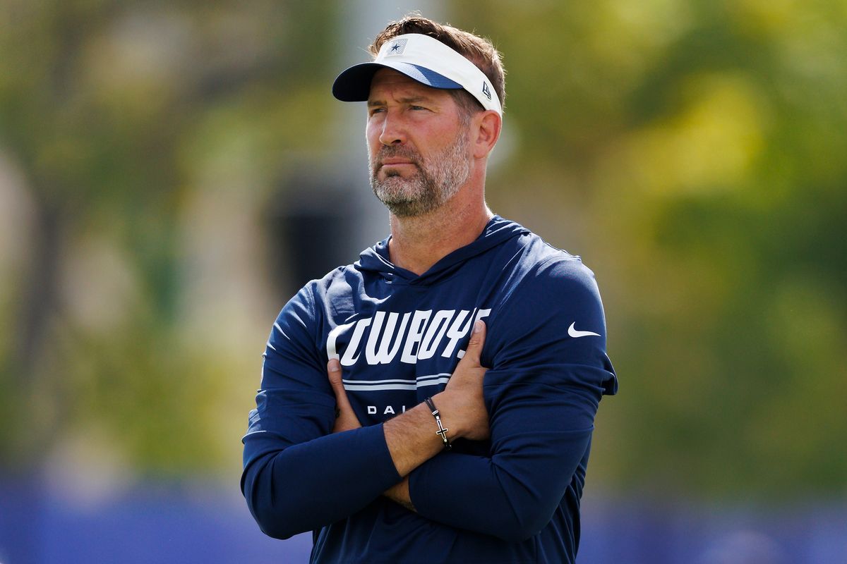 Brian Schottenheimer of the Dallas Cowboys on the field during joint practice between the Dallas Cowboys and the Los Angeles Rams at Rams Village on August 11, 2026 in Woodland Hills, California. Brian Schottenheimer of the Dallas Cowboys on the field during joint practice between the Dallas Cowboys and the Los Angeles Rams at Rams Village on August 11, 2026 in Woodland Hills, California.