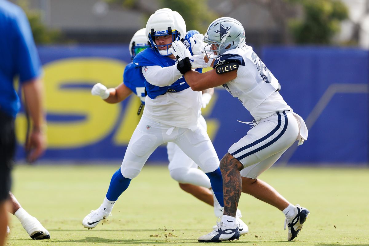 Braden Fiske #55 of the Los Angeles Rams rushes the edge during joint practice between the Dallas Cowboys and the Los Angeles Rams at Rams Village on August 11, 2026 in Woodland Hills, California. Braden Fiske #55 of the Los Angeles Rams rushes the edge during joint practice between the Dallas Cowboys and the Los Angeles Rams at Rams Village on August 11, 2026 in Woodland Hills, California.