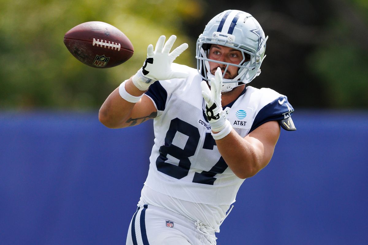 Jake Ferguson #87 of the Dallas Cowboys catches the ball during joint practice between the Dallas Cowboys and the Los Angeles Rams at Rams Village on August 11, 2026 in Woodland Hills, California. Jake Ferguson #87 of the Dallas Cowboys catches the ball during joint practice between the Dallas Cowboys and the Los Angeles Rams at Rams Village on August 11, 2026 in Woodland Hills, California.