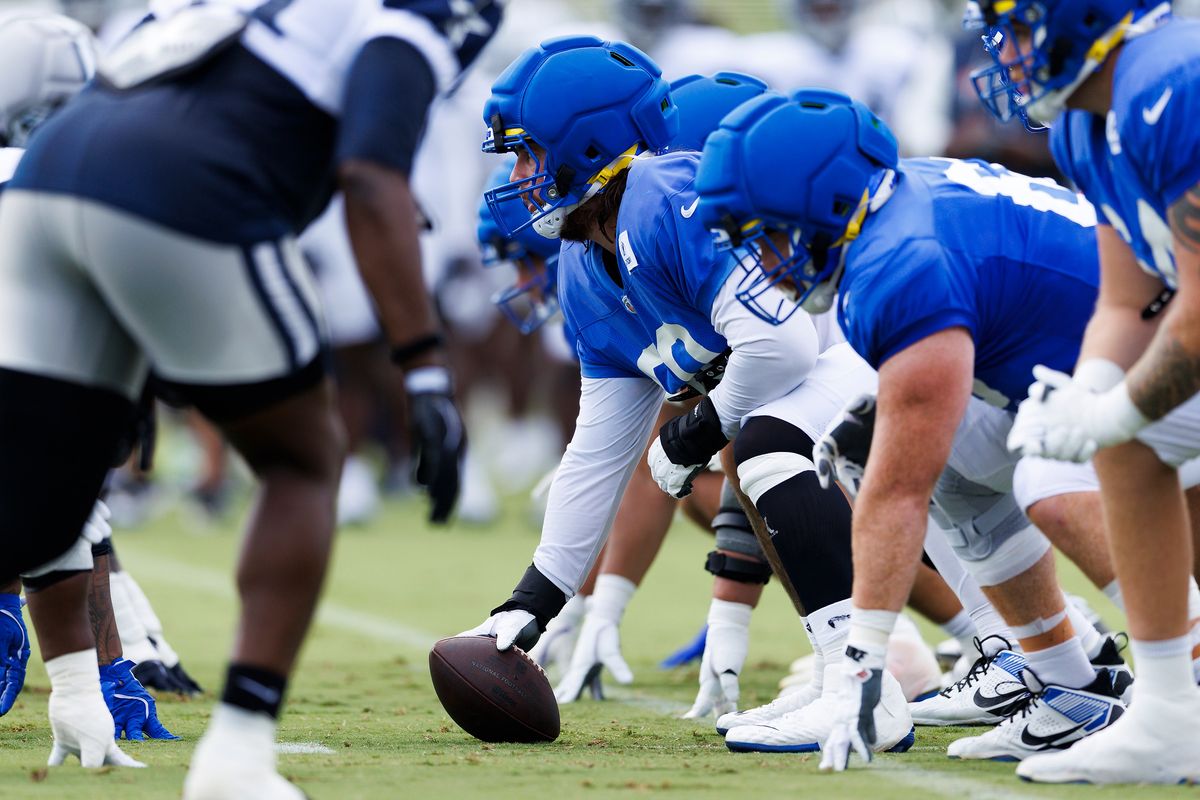 Los Angeles Rams offensive line during joint practice between the Dallas Cowboys and the Los Angeles Rams at Rams Village on August 11, 2026 in Woodland Hills, California. Los Angeles Rams offensive line during joint practice between the Dallas Cowboys and the Los Angeles Rams at Rams Village on August 11, 2026 in Woodland Hills, California.