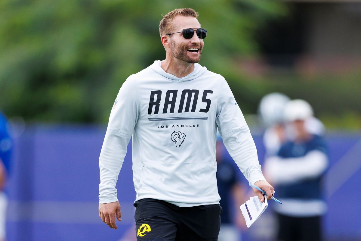 Sean McVay of the Los Angeles Rams laughs during joint practice between the Dallas Cowboys and the Los Angeles Rams at Rams Village on August 11, 2026 in Woodland Hills, California. Sean McVay of the Los Angeles Rams laughs during joint practice between the Dallas Cowboys and the Los Angeles Rams at Rams Village on August 11, 2026 in Woodland Hills, California.