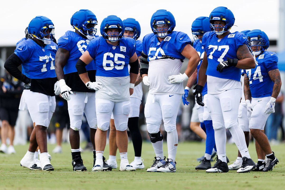 Los Angeles Rams offensive line during joint practice between the Dallas Cowboys and the Los Angeles Rams at Rams Village on August 11, 2026 in Woodland Hills, California. Los Angeles Rams offensive line during joint practice between the Dallas Cowboys and the Los Angeles Rams at Rams Village on August 11, 2026 in Woodland Hills, California.