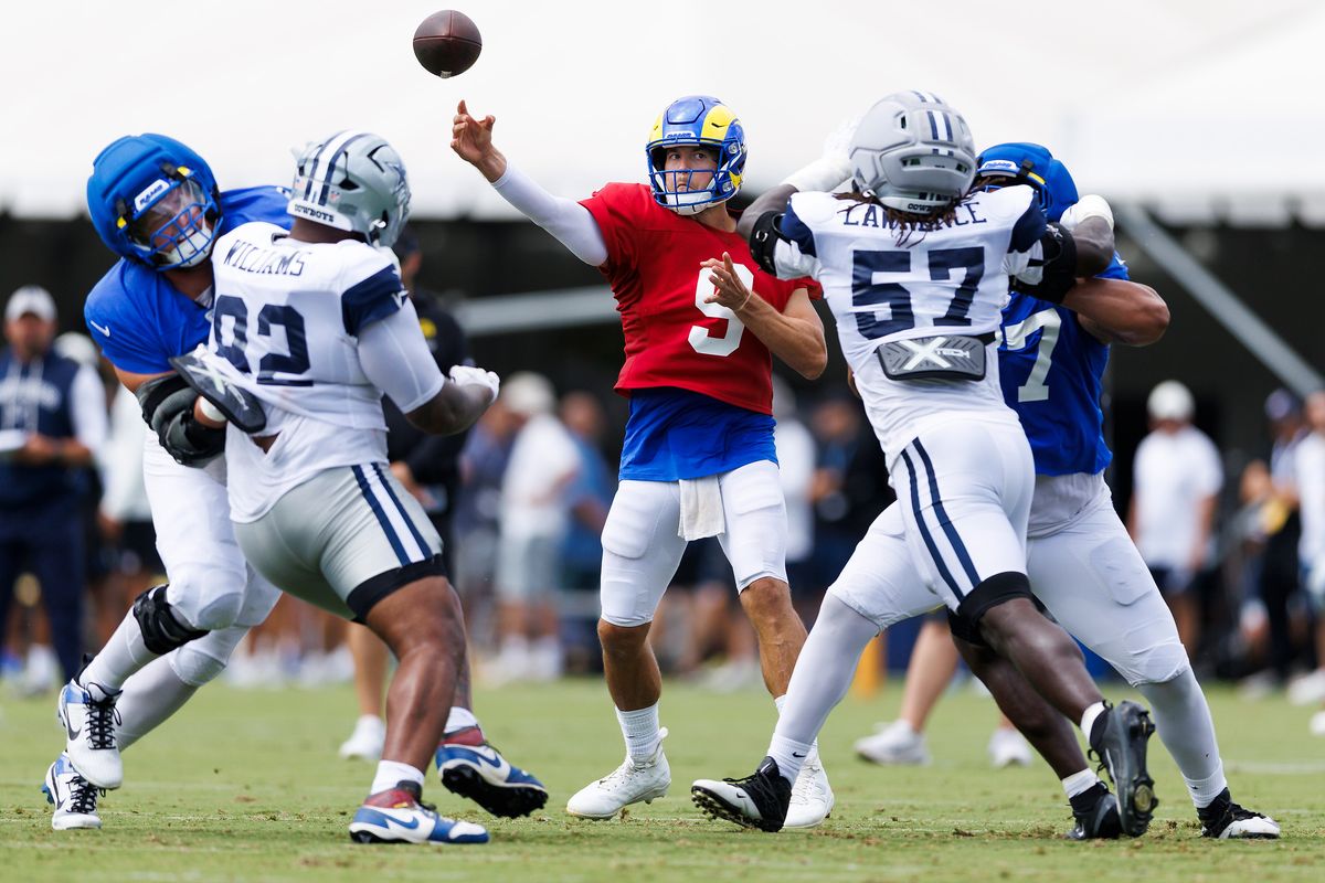 Matthew Stafford #9 of the Los Angeles Rams throws during joint practice between the Dallas Cowboys and the Los Angeles Rams at Rams Village on August 11, 2026 in Woodland Hills, California. Matthew Stafford #9 of the Los Angeles Rams throws during joint practice between the Dallas Cowboys and the Los Angeles Rams at Rams Village on August 11, 2026 in Woodland Hills, California.