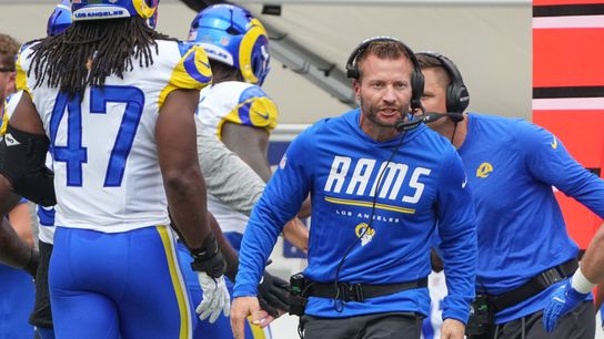 Los Angeles Rams head coach Sean McVay congratulates players against the Kansas City Chiefs during the first half of the pre season at Arrowhead Stadium.