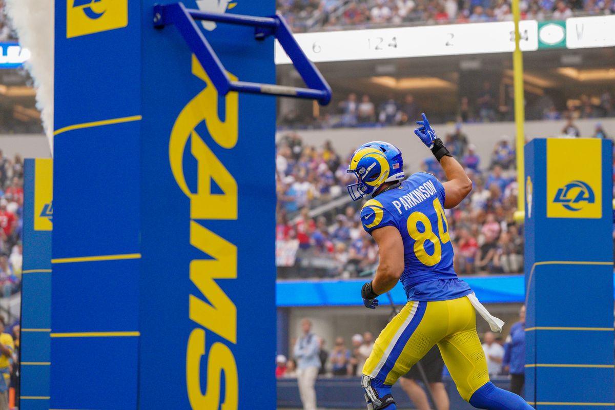 Los Angeles Rams tight end Colby Parkinson (84) takes the field during an NFL football game against the Buffalo Bills on October 12, 2026, at SoFi Stadium in Los Angeles, CA.