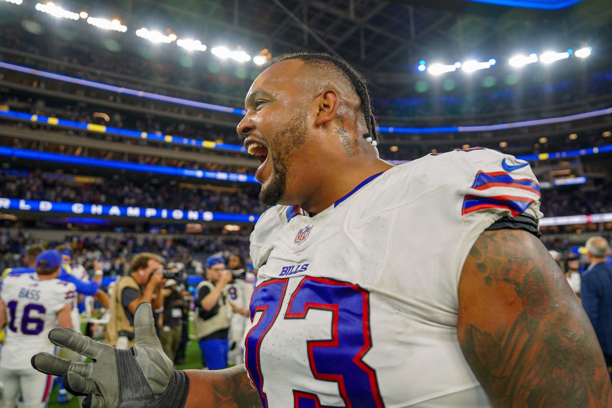 Buffalo Bills offensive tackle Dion Dawkins (73) reacts to winning during an NFL football game against the Los Angeles Rams on October 12, 2026, at SoFi Stadium in Los Angeles, CA.