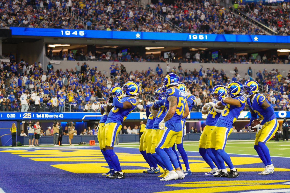 Los Angeles Rams cornerback Jaylen Watson (35) celebrates an interception with the Los Angeles Rams defense during an NFL football game against the Buffalo Bills on October 12, 2026, at SoFi Stadium in Los Angeles, CA.