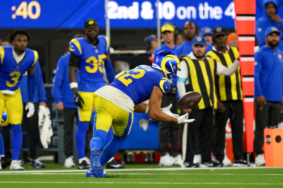 Los Angeles Rams wide receiver Puka Nacua (12) catches a pass during an NFL football game against the Buffalo Bills on October 12, 2026, at SoFi Stadium in Los Angeles, CA.