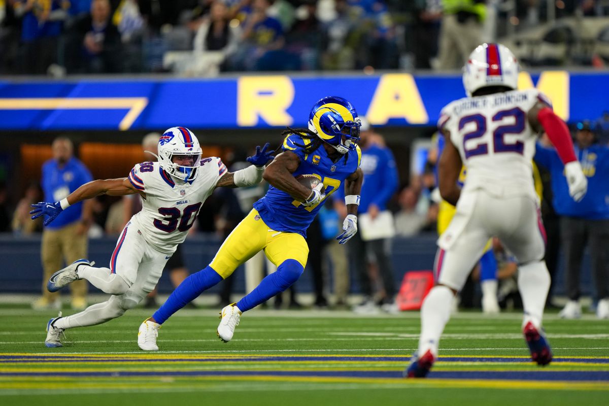 Los Angeles Rams wide receiver Davante Adams (17) runs with the ball after a catch during an NFL football game against the Buffalo Bills on October 12, 2026, at SoFi Stadium in Los Angeles, CA.