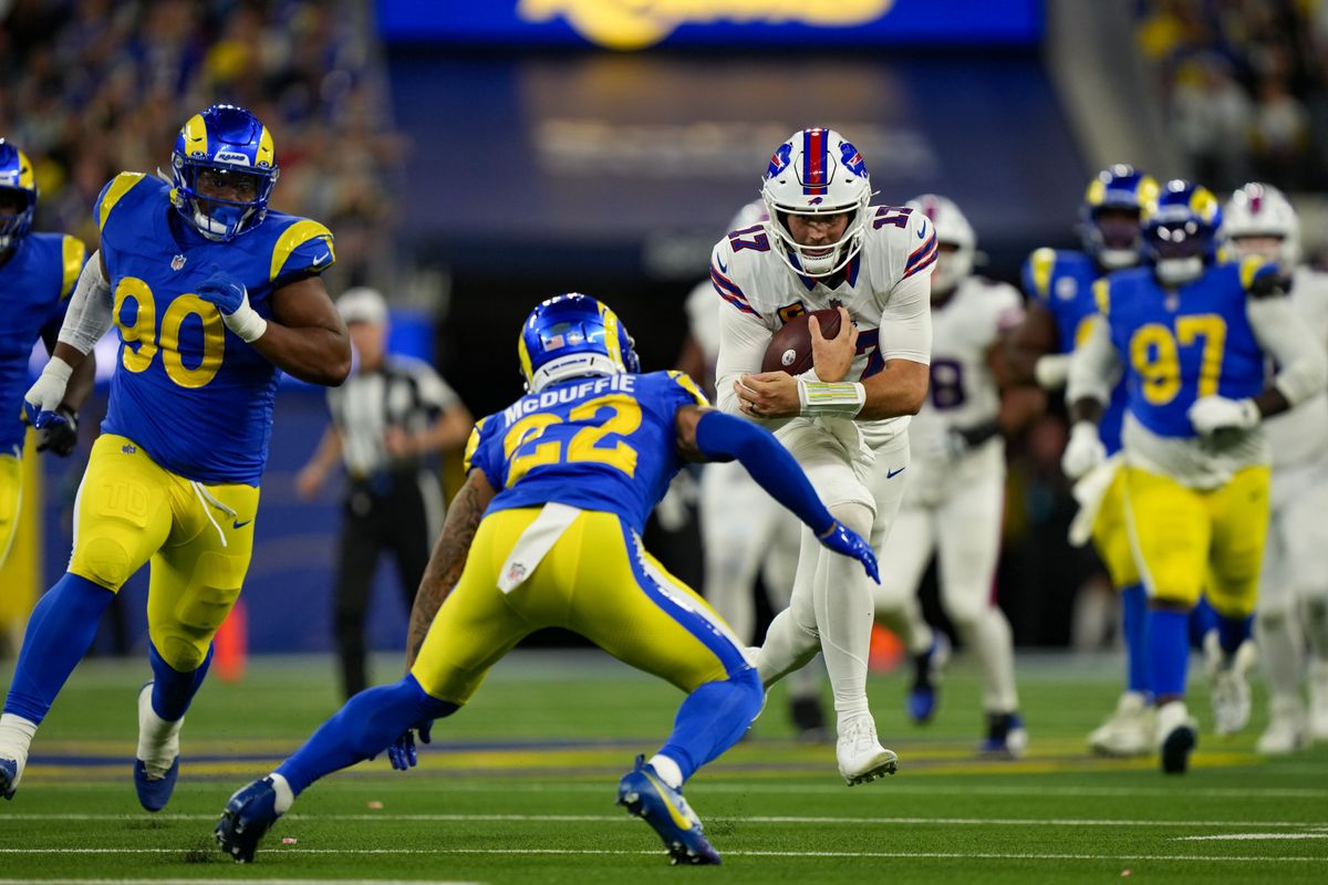 Buffalo Bills quarterback Josh Allen (17) carries the ball during an NFL football game against the Los Angeles Rams on October 12, 2026, at SoFi Stadium in Los Angeles, CA.