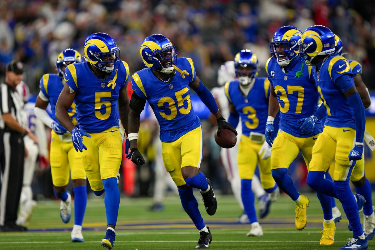 Los Angeles Rams cornerback Jaylen Watson (35) celebrates an interception during an NFL football game against the Buffalo Bills on October 12, 2026, at SoFi Stadium in Los Angeles, CA.