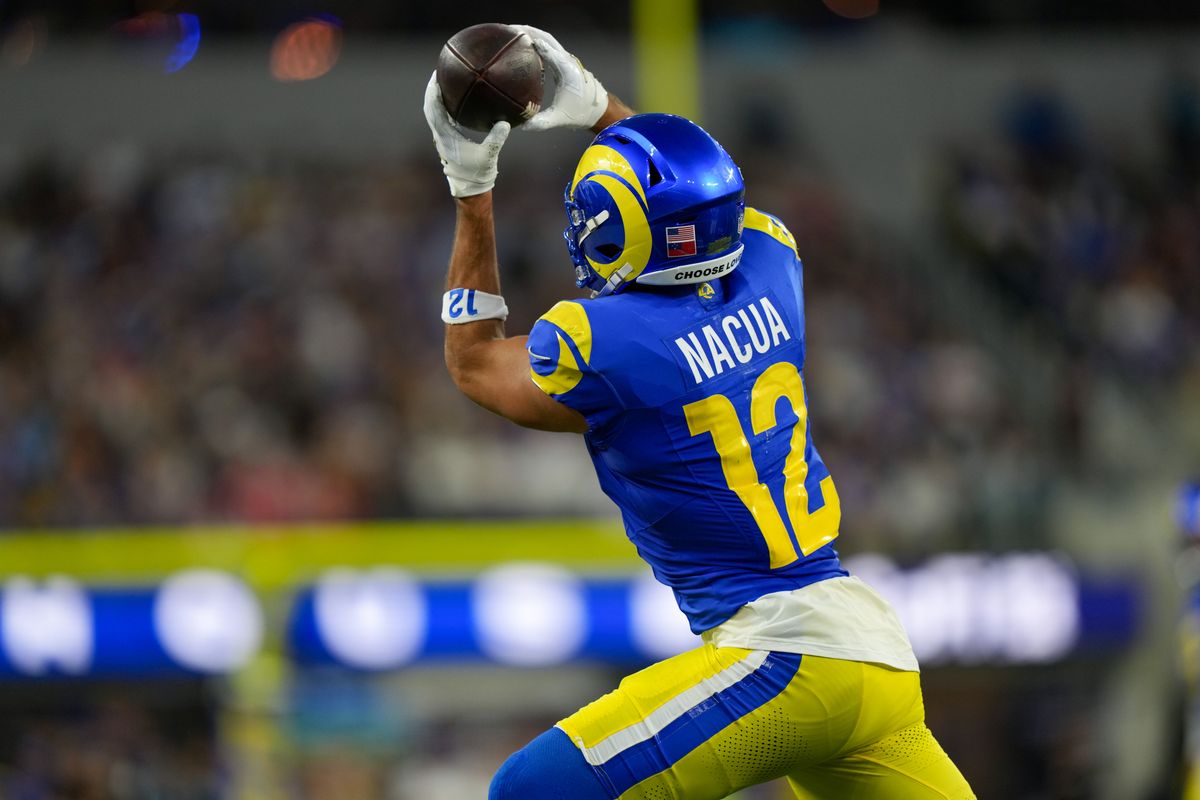 Los Angeles Rams wide receiver Puka Nacua (12) catches a first down during an NFL football game against the Buffalo Bills on October 12, 2026, at SoFi Stadium in Los Angeles, CA.