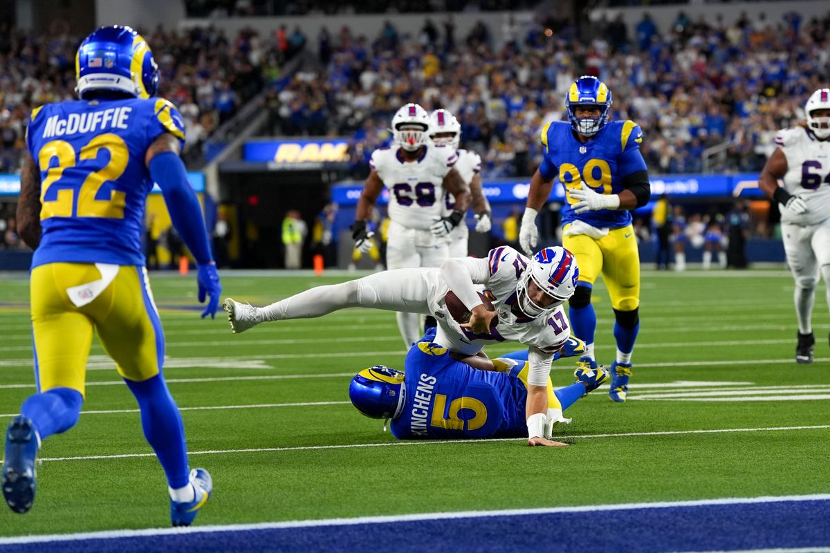 Buffalo Bills quarterback Josh Allen (17) dives for a first down during an NFL football game against the Los Angeles Rams on October 12, 2026, at SoFi Stadium in Los Angeles, CA.