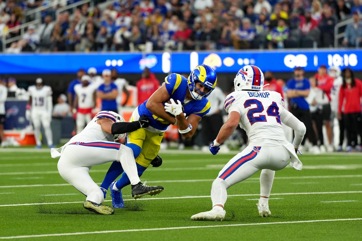 Los Angeles Rams wide receiver Puka Nacua (12) runs with the ball during an NFL football game against the Buffalo Bills on October 12, 2026, at SoFi Stadium in Los Angeles, CA.