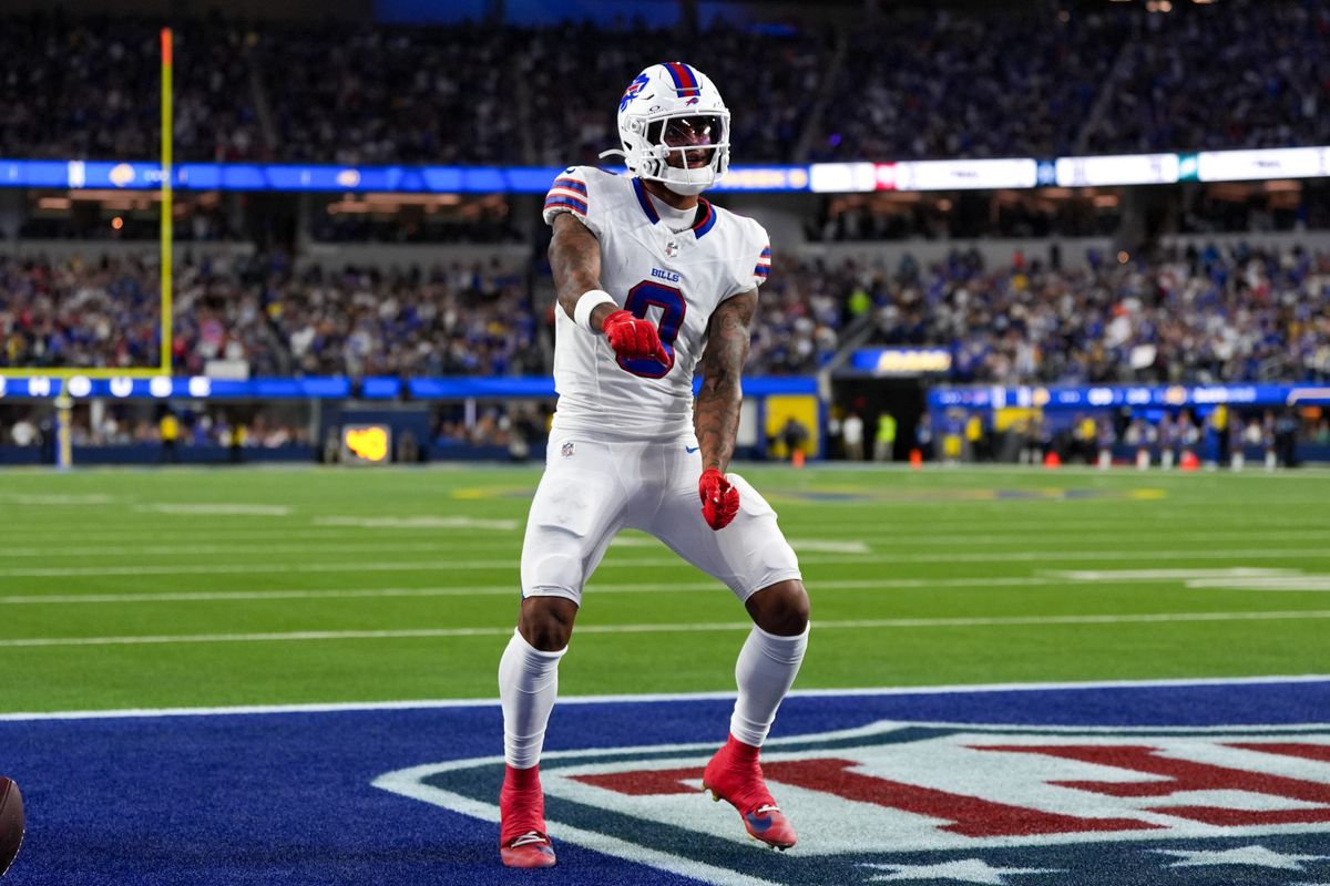 Buffalo Bills wide receiver Keon Coleman (0) celebrates a touchdown reception during an NFL football game against the Los Angeles Rams on October 12, 2026, at SoFi Stadium in Los Angeles, CA.