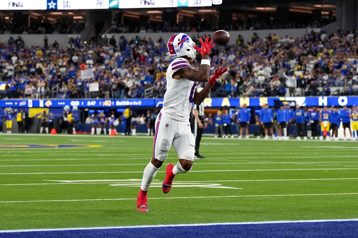 Buffalo Bills wide receiver Keon Coleman (0) catches a touchdown during an NFL football game against the Los Angeles Rams on October 12, 2026, at SoFi Stadium in Los Angeles, CA.