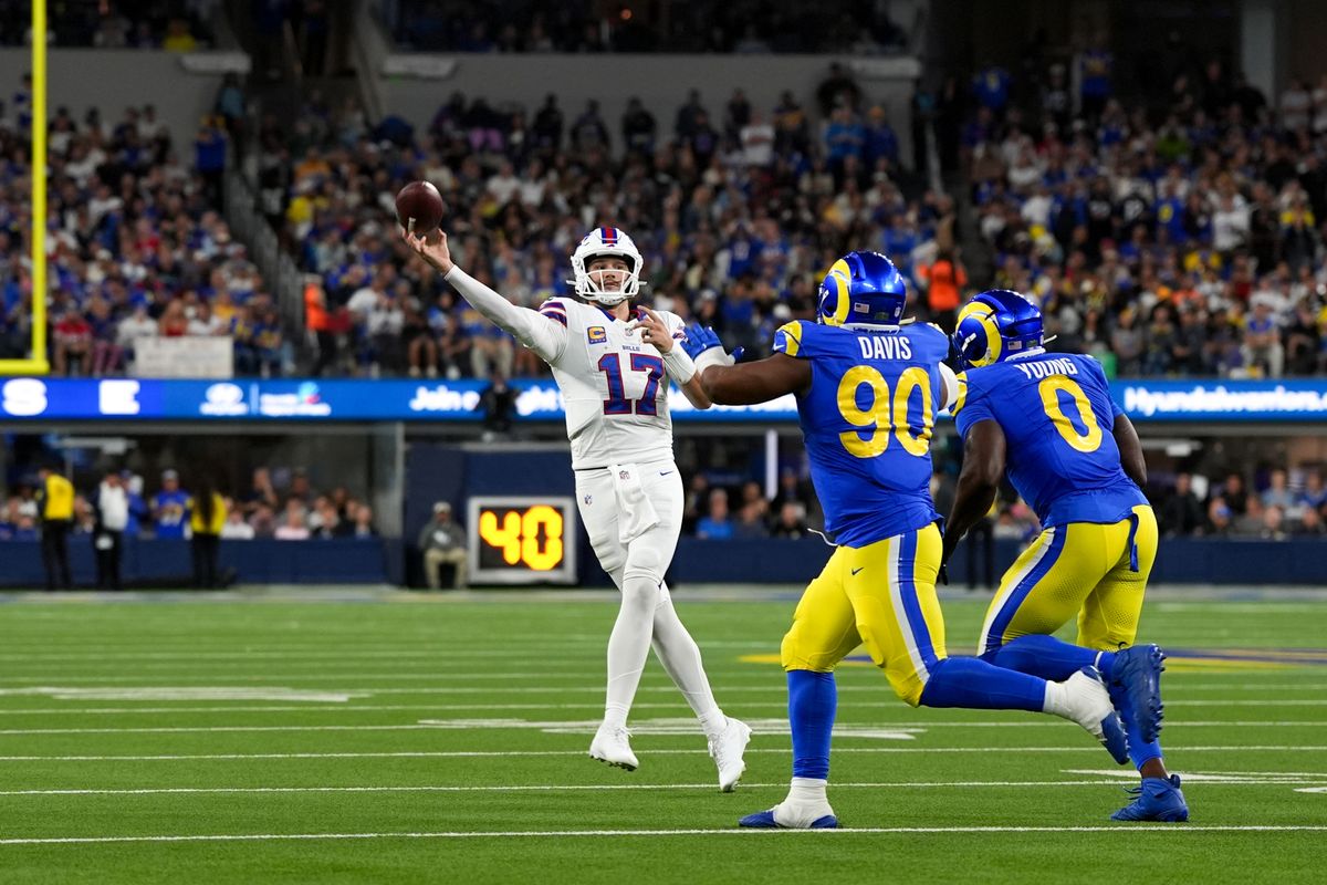 Buffalo Bills quarterback Josh Allen (17) passes the ball during an NFL football game against the Los Angeles Rams on October 12, 2026, at SoFi Stadium in Los Angeles, CA.