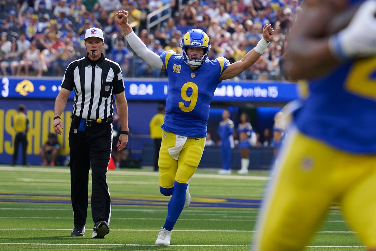 The Los Angeles Rams quarterback Matthew Stafford (9) celebrates a touchdown during an NFL football game against The Arizona Cardinals on October 18th, 2026 at SoFi Stadium in Los Angeles, California. The Los Angeles Rams quarterback Matthew Stafford (9) celebrates a touchdown during an NFL football game against The Arizona Cardinals on October 18th, 2026 at SoFi Stadium in Los Angeles, California.