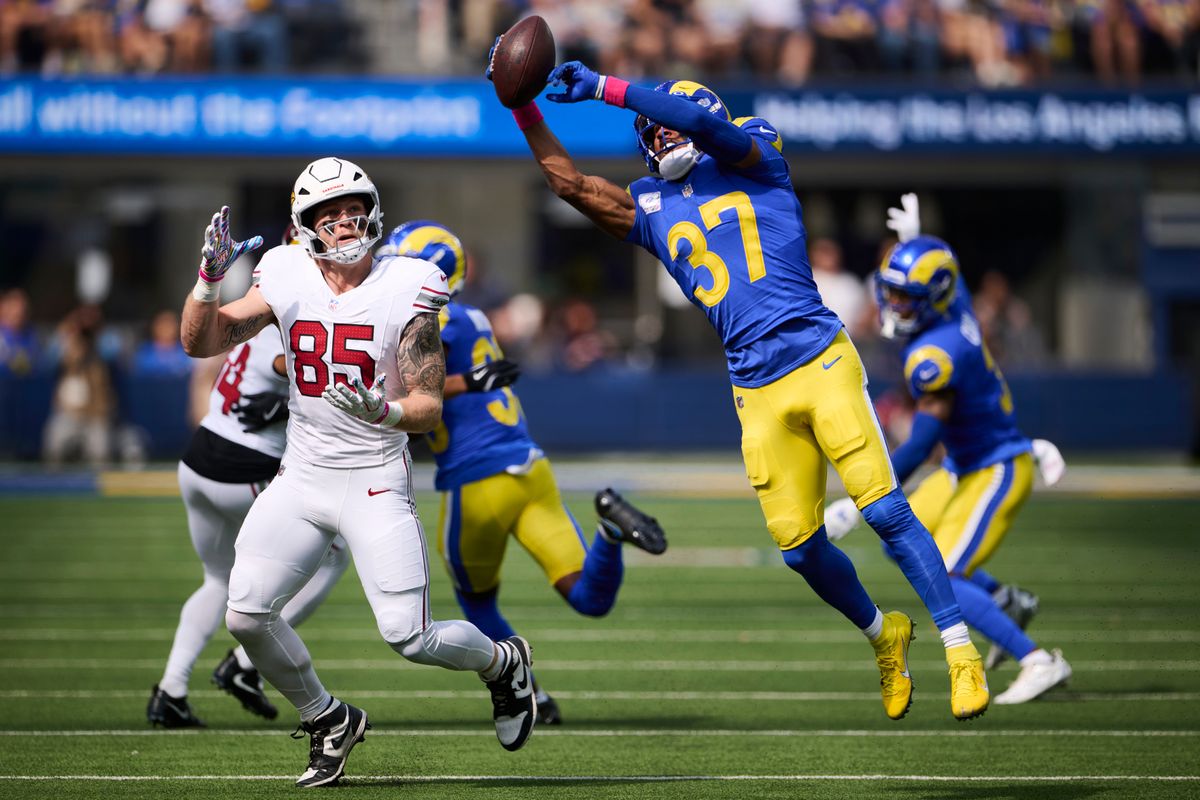 The Los Angeles Rams safety Quentin Lake (37) catches an interception during an NFL football game against The Arizona Cardinals on October 18th, 2026 at SoFi Stadium in Los Angeles, California. The Los Angeles Rams safety Quentin Lake (37) catches an interception during an NFL football game against The Arizona Cardinals on October 18th, 2026 at SoFi Stadium in Los Angeles, California.