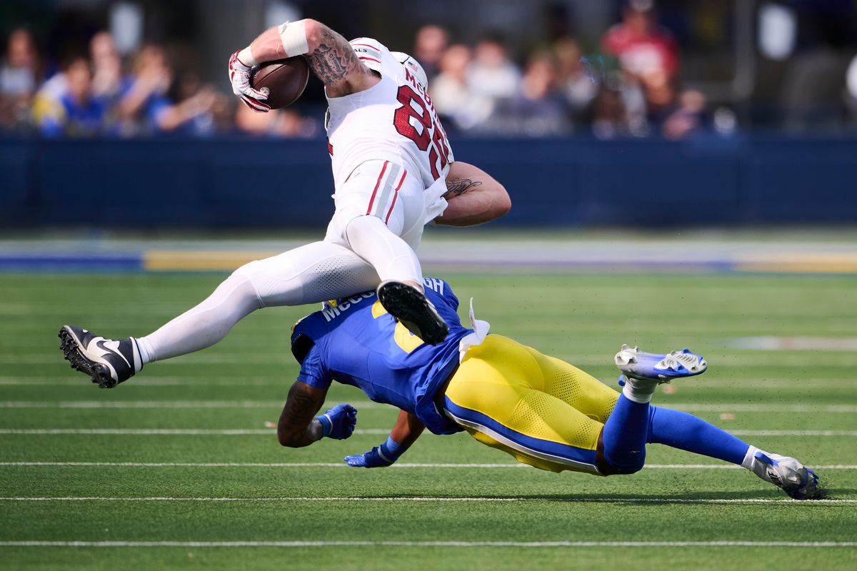 The Los Angeles Rams safety Jaylen McCollough (2) tackles during an NFL football game against The Arizona Cardinals on October 18th, 2026 at SoFi Stadium in Los Angeles, California. The Los Angeles Rams safety Jaylen McCollough (2) tackles during an NFL football game against The Arizona Cardinals on October 18th, 2026 at SoFi Stadium in Los Angeles, California.