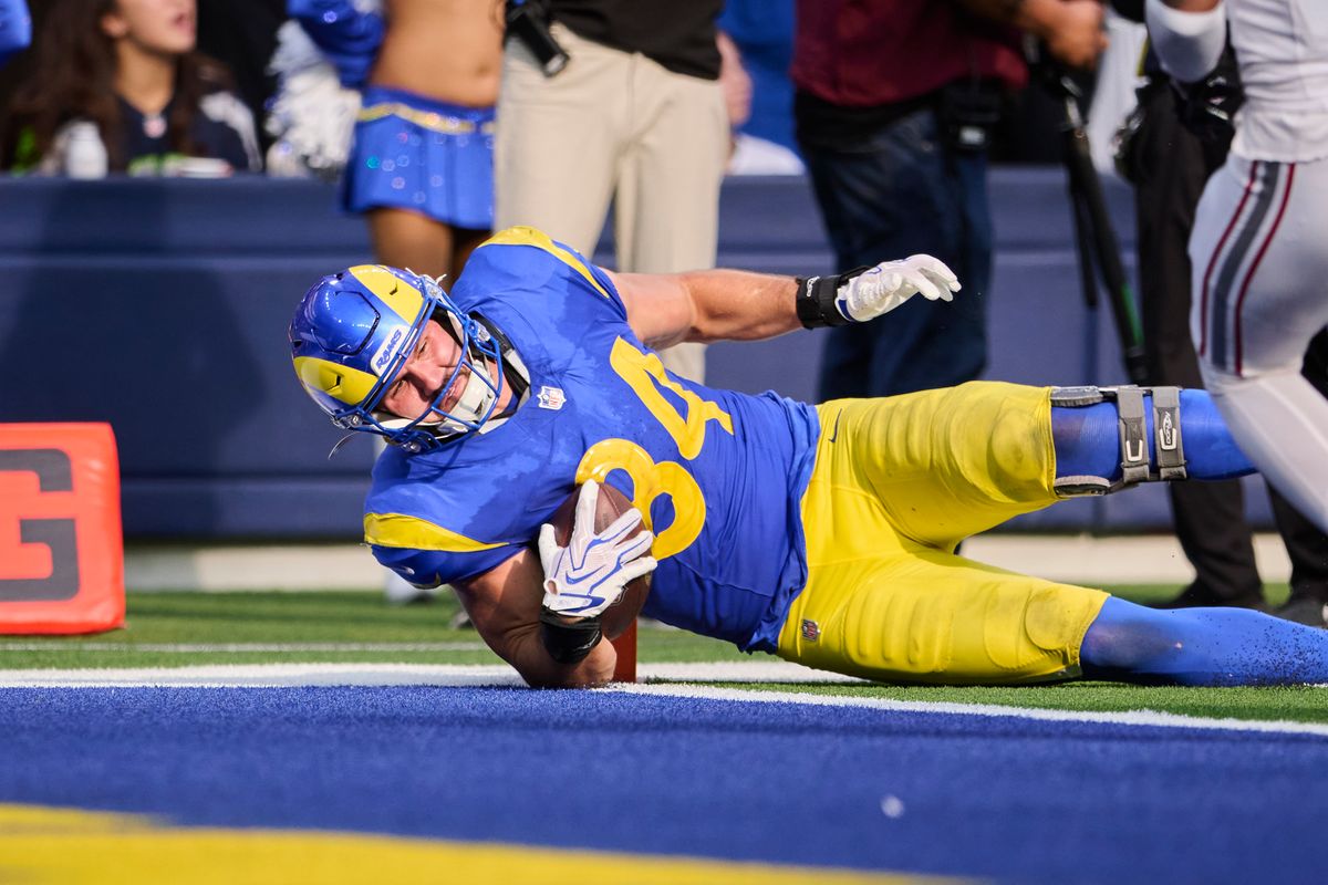 The Los Angeles Rams tight end Colby Parkinson (84) scores a touchdown during an NFL football game against The Arizona Cardinals on October 18th, 2026 at SoFi Stadium in Los Angeles, California. The Los Angeles Rams tight end Colby Parkinson (84) scores a touchdown during an NFL football game against The Arizona Cardinals on October 18th, 2026 at SoFi Stadium in Los Angeles, California.