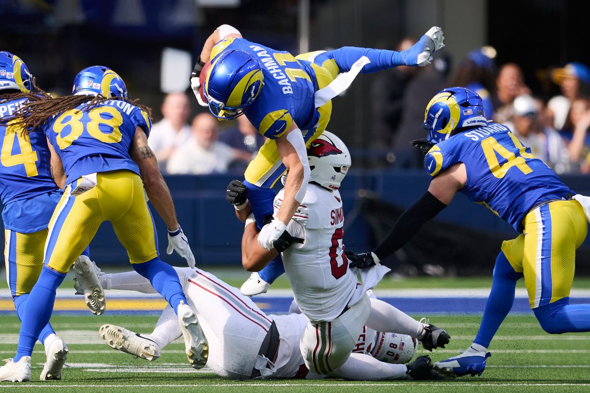 The Los Angeles Rams wide receiver Alex Bachman (11) jumps during an NFL football game against The Arizona Cardinals on October 18th, 2026 at SoFi Stadium in Los Angeles, California. The Los Angeles Rams wide receiver Alex Bachman (11) jumps during an NFL football game against The Arizona Cardinals on October 18th, 2026 at SoFi Stadium in Los Angeles, California.